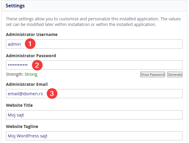 WordPress instalacija - podešavanje admin korisničkog imena, lozinke, email adrese
