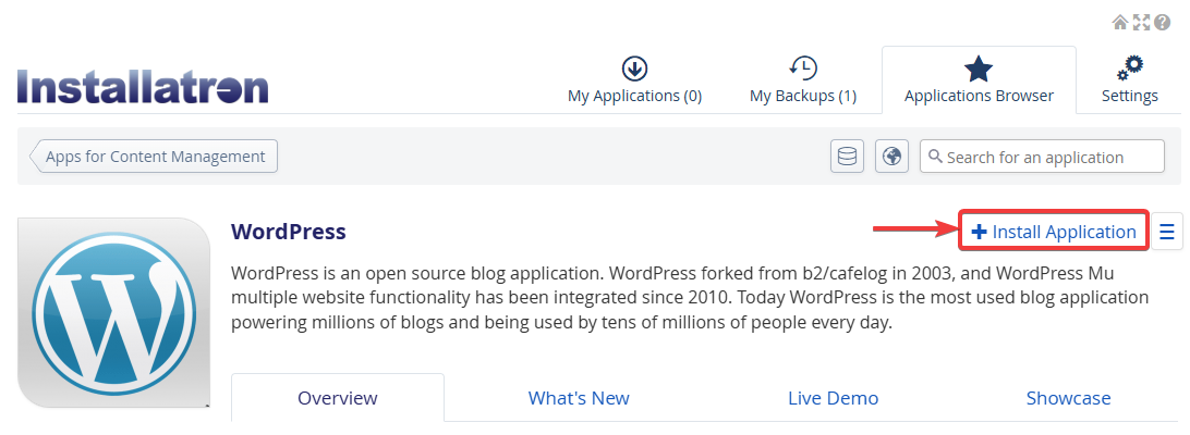 WordPress instalacija kao Installatron aplikacije