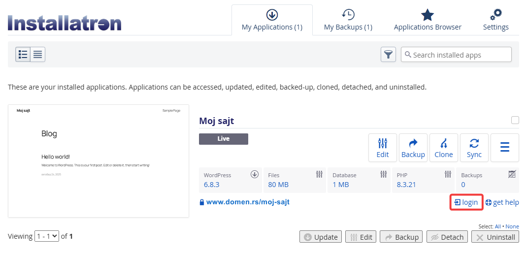 WordPress - Installatron login